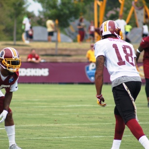 Wide receiver Josh Doctson and cornerback Deshaun Phillips prepare to square off. (Photo by Jake Russell)